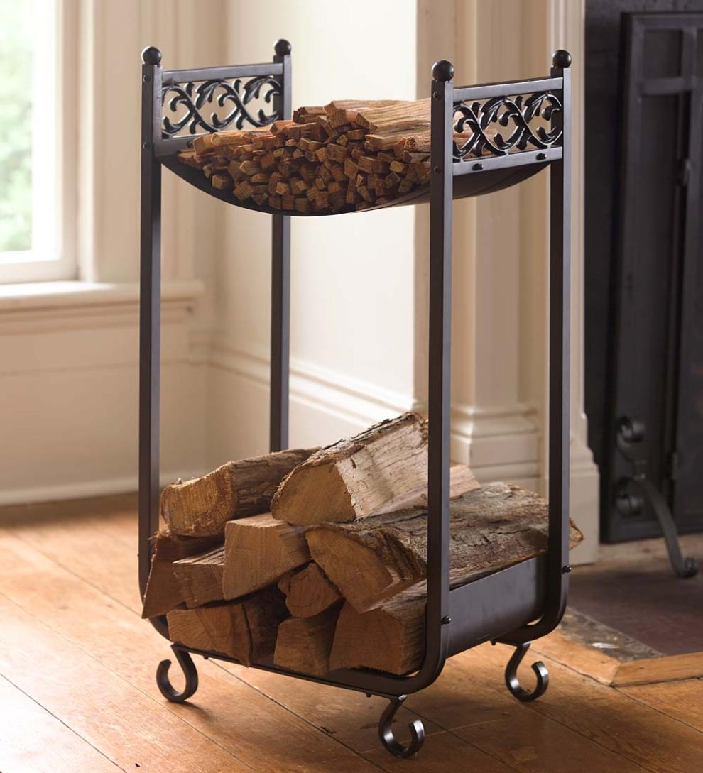 Plow & Hearth Wood Storage & Wood Racks Fireplace & Hearth Compact Log Rack, Cast Iron With Scrollwork Design - Black