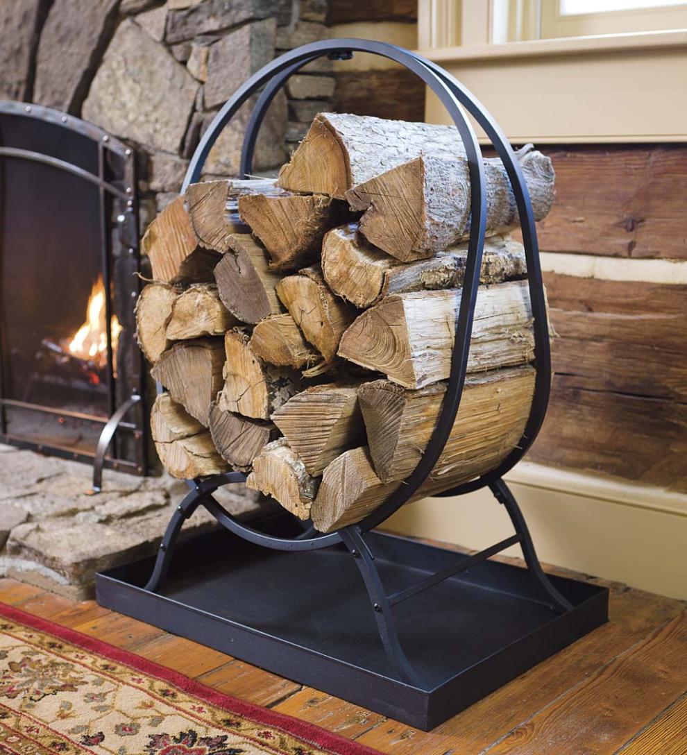 Plow & Hearth Wood Storage & Wood Racks Fireplace & Hearth Oval Wood Rack With Kindling Storage And Dirt Tray