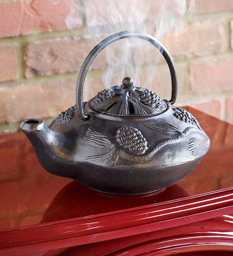 Plow & Hearth Wood Stove Accessories Fireplace & Hearth Cast Iron Wood Stove Kettle Steamer With Pine Cone Design - Black