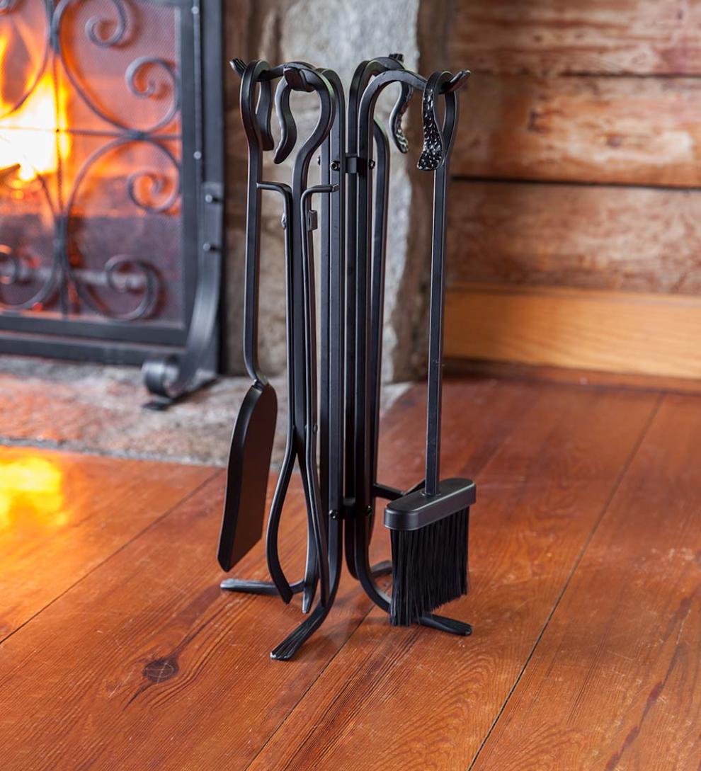 Plow & Hearth Wood Stove Accessories Fireplace & Hearth Compact Size Hand-Forged Fireplace Tool Set - Black