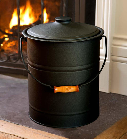 Plow & Hearth Wood Stove Accessories Fireplace & Hearth Deluxe Galvanized Ash Bucket With Handle, Lid And Double-Layer Bottom - Charcoal Black