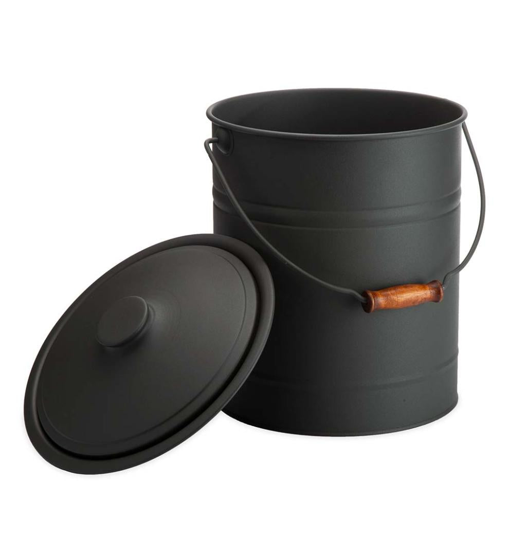 Plow & Hearth Wood Stove Accessories Fireplace & Hearth Deluxe Galvanized Ash Bucket With Handle, Lid And Double-Layer Bottom - Charcoal Black
