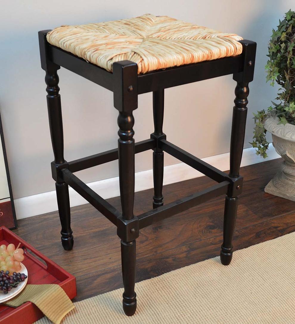 Plow & Hearth Kitchen & Bar Stools Indoor Living 29"-High Counter Stool With Handwoven Rush Seat - Antique Black
