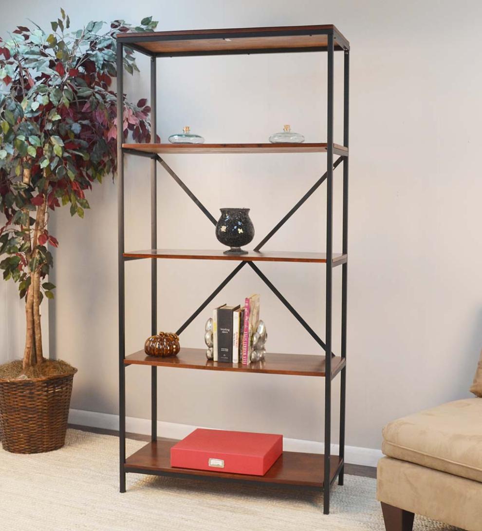 Plow & Hearth Home Office Indoor Living 72"-High Five-Shelf Wood And Metal Bookcase - Chestnut