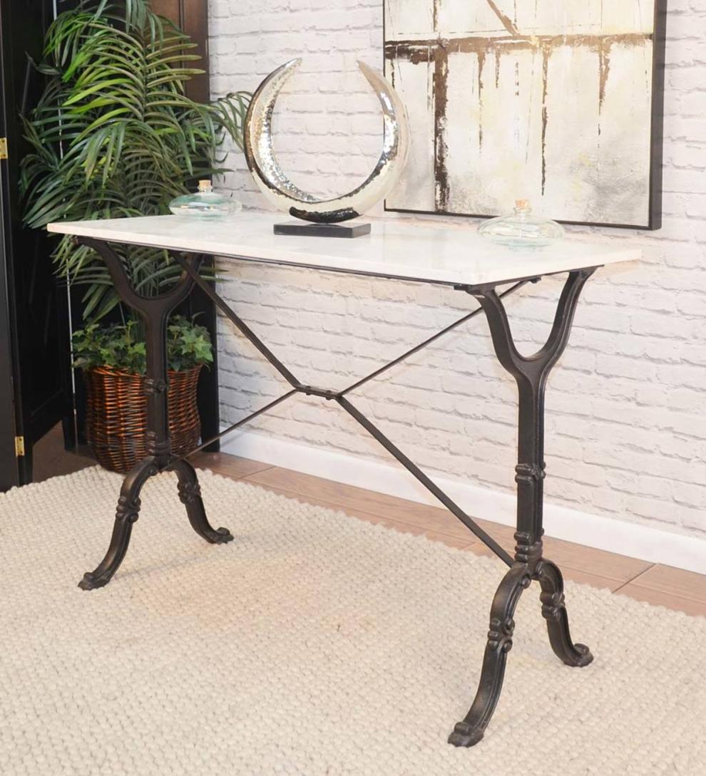 Plow & Hearth Home Office Indoor Living 30"-High Marble-Top Cast Iron Console Table - White