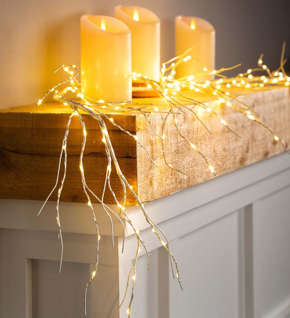 Plow & Hearth Fireplace & Mantel Décor Fireplace & Hearth Indoor/Outdoor Birch Garland With 165 Micro Led Lights, 5'L - Brown