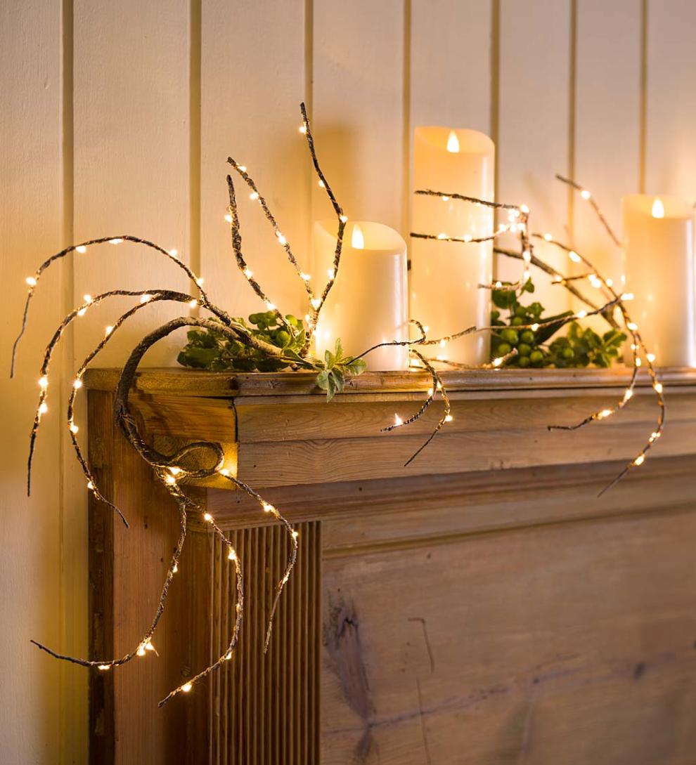 Plow & Hearth Fireplace & Mantel Décor Fireplace & Hearth Indoor/Outdoor Birch Garland With 165 Micro Led Lights, 5'L - Brown