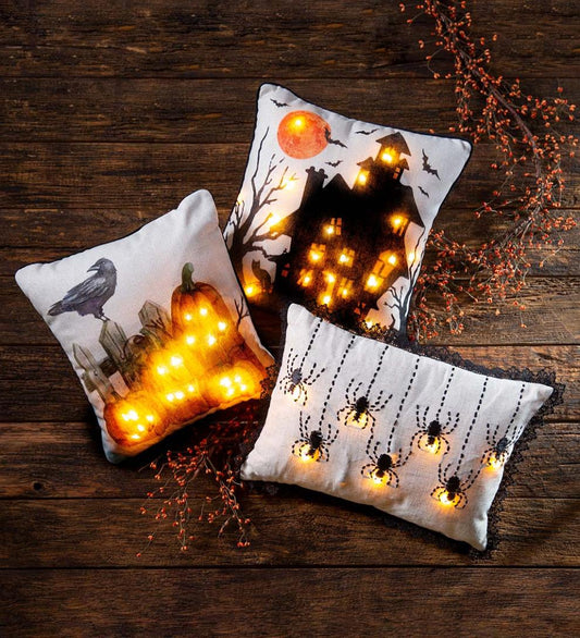 Plow & Hearth Home Accents Indoor Living Lighted Halloween Decorative Throw Pillow - Raven With Jack-O'-Lanterns