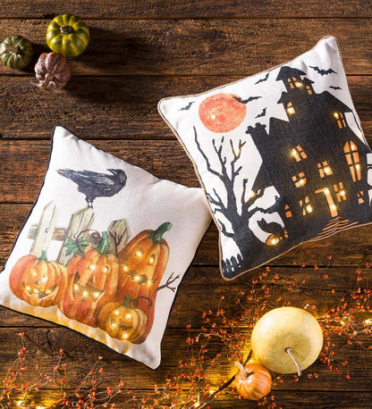 Plow & Hearth Home Accents Indoor Living Lighted Halloween Decorative Throw Pillow - Raven With Jack-O'-Lanterns