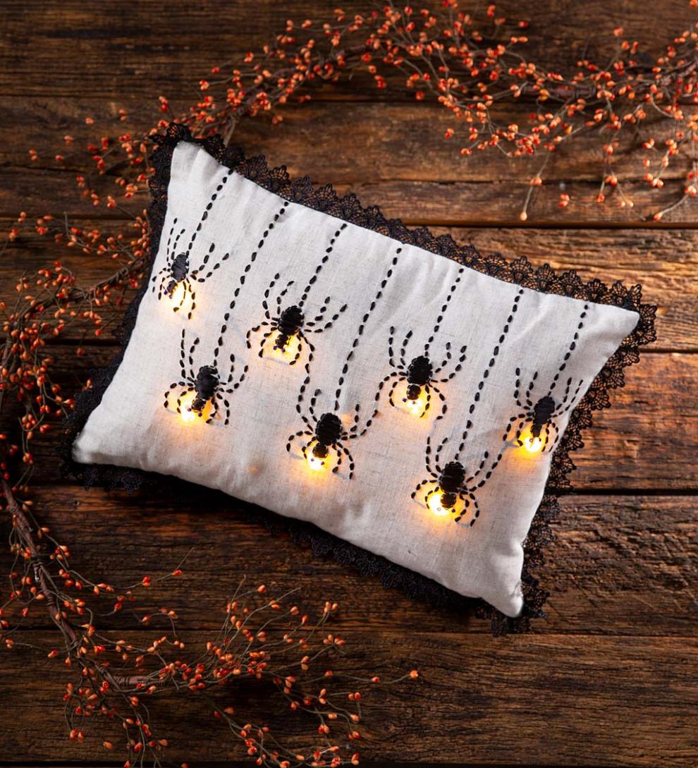 Plow & Hearth Home Accents Indoor Living Lighted Halloween Decorative Throw Pillow - Raven With Jack-O'-Lanterns