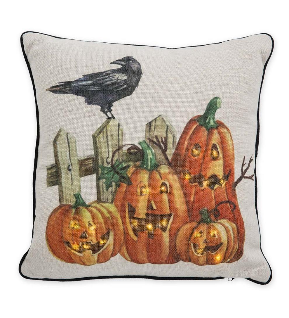 Plow & Hearth Home Accents Indoor Living Lighted Halloween Decorative Throw Pillow - Raven With Jack-O'-Lanterns