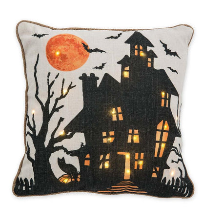Plow & Hearth Home Accents Indoor Living Lighted Halloween Decorative Throw Pillow - Raven With Jack-O'-Lanterns