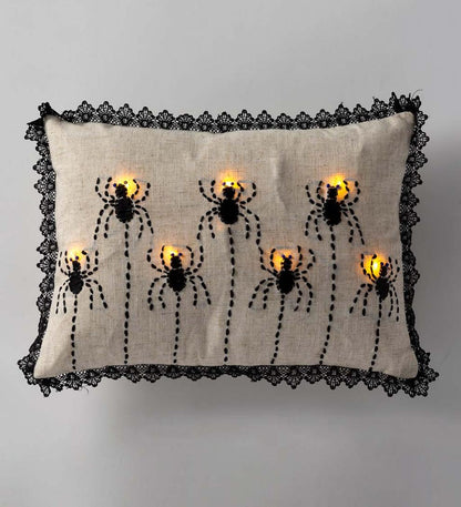 Plow & Hearth Home Accents Indoor Living Lighted Halloween Decorative Throw Pillow - Raven With Jack-O'-Lanterns