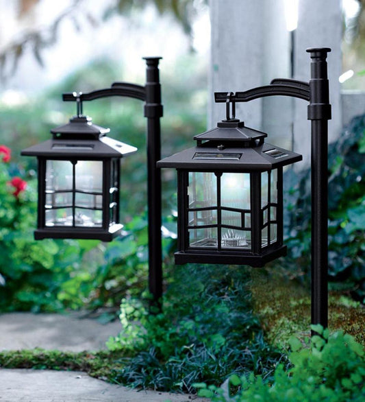 Plow & Hearth Outdoor Lamps & Lighting Outdoor Living 3-In-1 Solar Lanterns With Shepherd'S Hook/Ground Stake, Set Of 2 - Bronze