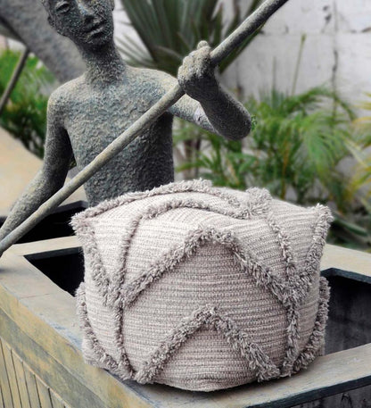 Plow & Hearth Home Accents Indoor Living Zigzag Fringe Wool Pouf, 18" Sq. - Gray