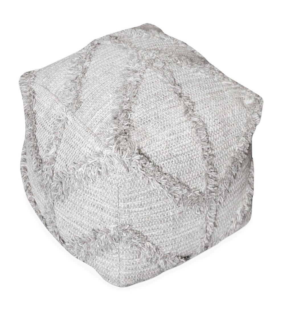 Plow & Hearth Home Accents Indoor Living Zigzag Fringe Wool Pouf, 18" Sq. - Gray