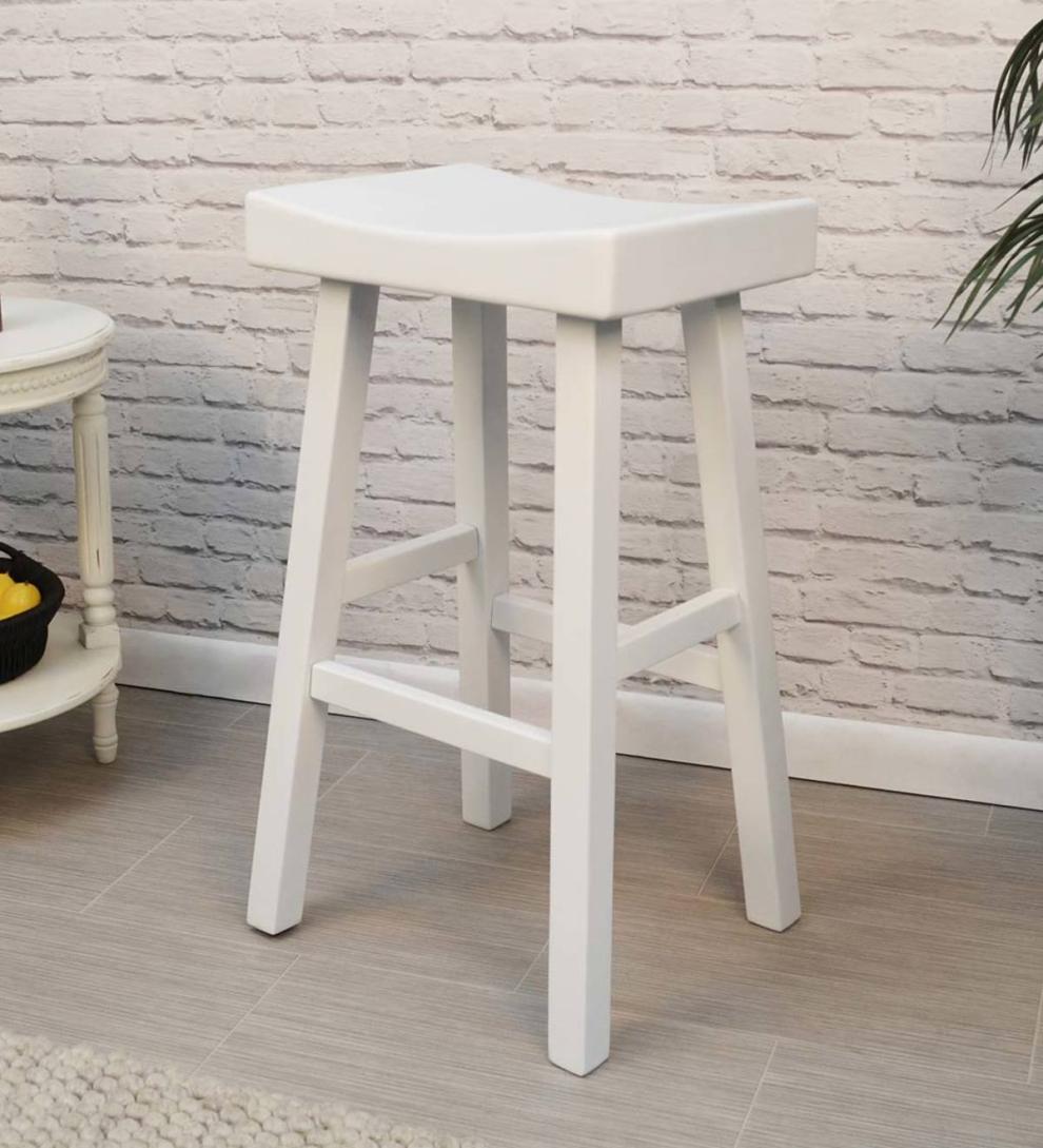 Plow & Hearth Kitchen & Bar Stools Indoor Living 30" Wood Saddle Bar Stool - Antique White