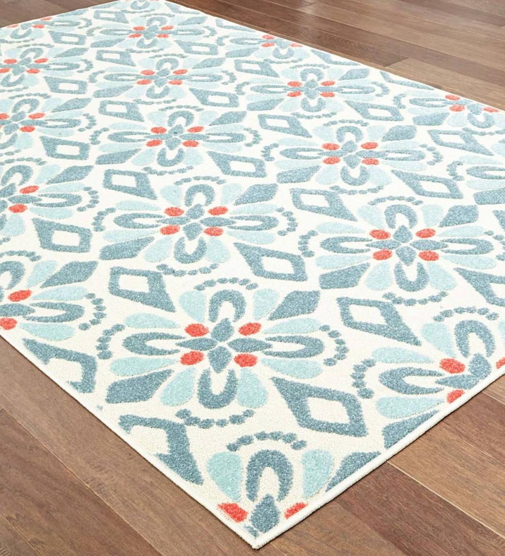 Plow & Hearth Synthetic Rugs Indoor Living Indoor/Outdoor Clearwater Print Rug, 8' X 10' - Blue